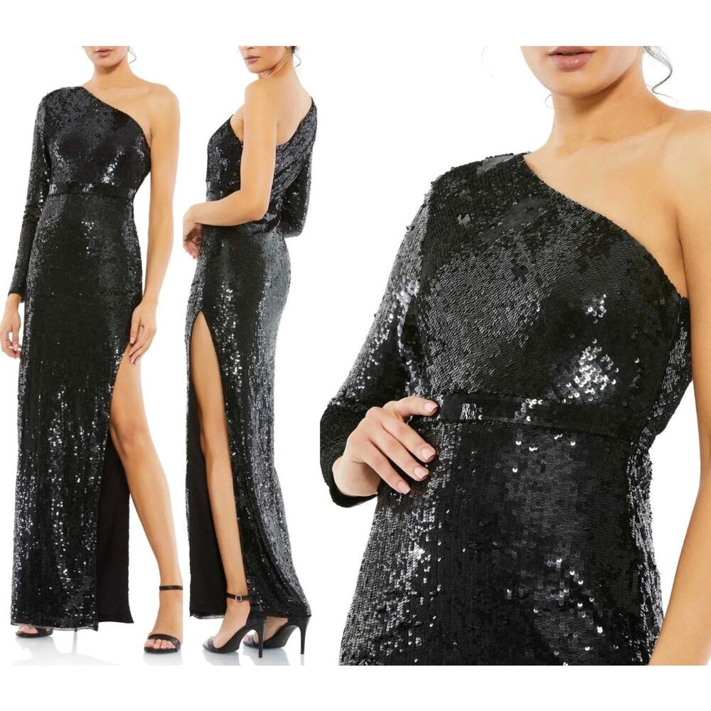 Mac Duggal Black One Shoulder Sequin Slit Column Evening Formal Gown 12